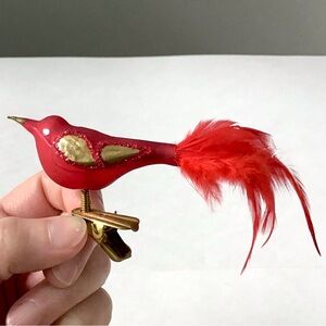 Red Clip-On Bird Christmas Ornament Decoration Gold Accents Long Tail Feathers